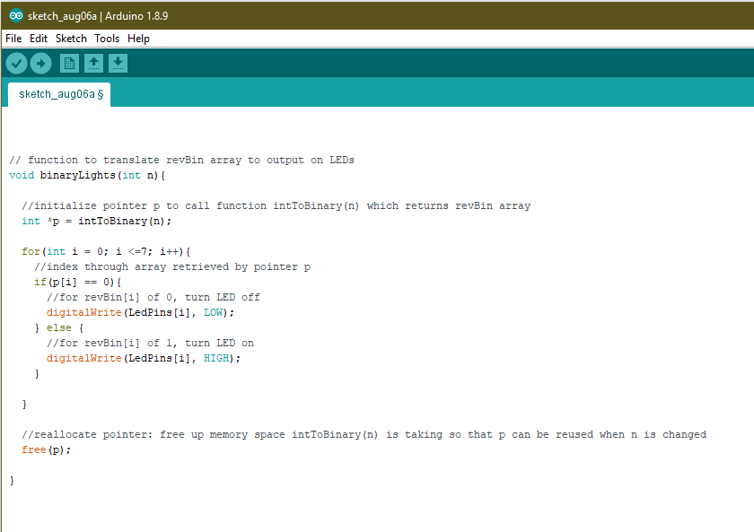 binaryLights() Function Code Snippet